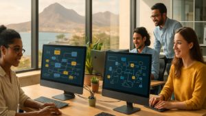 Equipo de una pyme trabajando con Inteligencia Artificial para pymes en una oficina tecnológica en Canarias