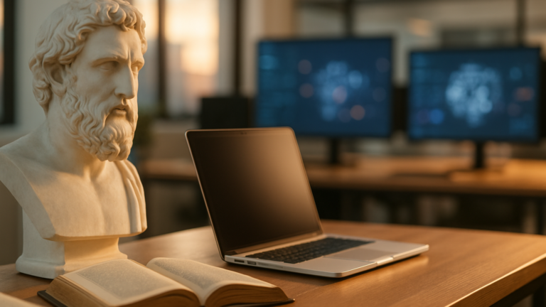Busto clásico de un filósofo griego junto a un portátil y pantallas, símbolo de la unión entre filosofía e Inteligencia Artificial