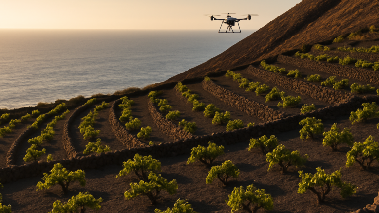 Inteligencia Artificial en Canarias: dron sobrevolando un viñedo heroico en ladera volcánica canaria junto al Atlántico