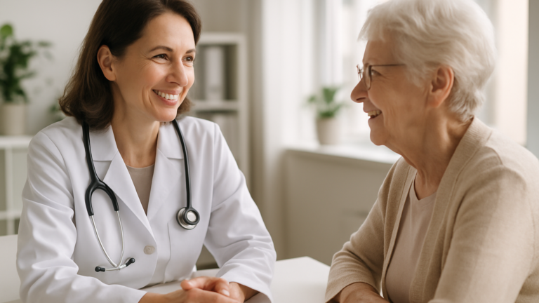 Inteligencia Artificial en la Cleveland Clinic: médica conversando cara a cara con una paciente en consulta