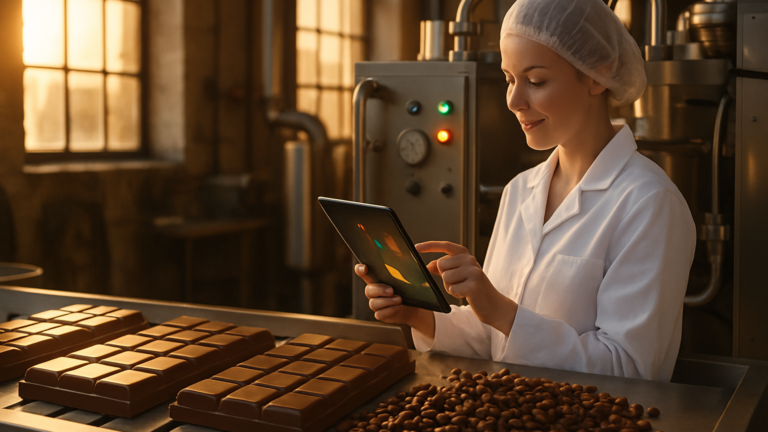 Inteligencia Artificial en Tirma: trabajadora de la industria chocolatera canaria consultando datos de producción en una tablet