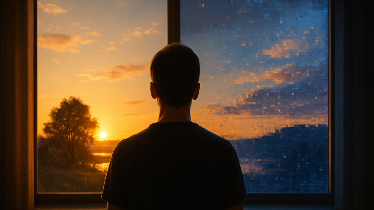 Persona ante una ventana dividida entre un paisaje real y su versión digital distorsionada, símbolo de la Inteligencia Artificial y desinformación
