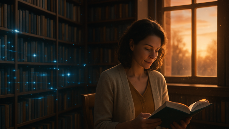 Mujer leyendo un libro en una biblioteca con luces digitales, símbolo del colapso del conocimiento en la era de la IA