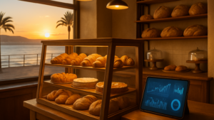 Inteligencia Artificial en Canarias: vitrina de una pastelería de Las Palmas de Gran Canaria con una tableta que muestra gráficos de predicción de ventas