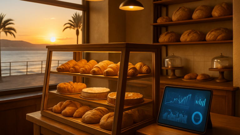 Inteligencia Artificial en Canarias: vitrina de una pastelería de Las Palmas de Gran Canaria con una tableta que muestra gráficos de predicción de ventas