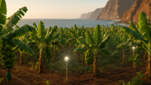 Inteligencia Artificial en Canarias: plataneras de Gáldar con sensores de riego de precisión y el Atlántico al fondo