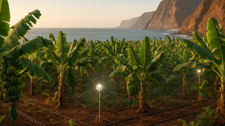 Inteligencia Artificial en Canarias: plataneras de Gáldar con sensores de riego de precisión y el Atlántico al fondo