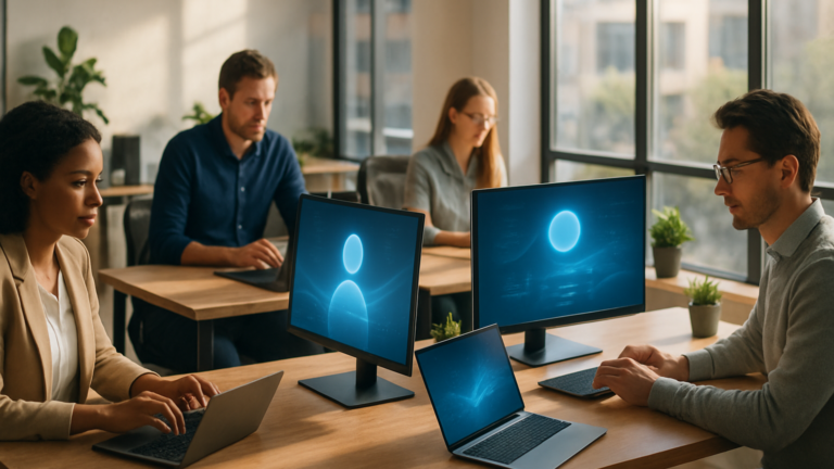 Inteligencia Artificial en Cisco: empleados trabajando con agentes de IA en una oficina
