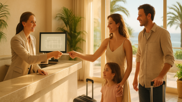 Inteligencia Artificial en Iberostar: recepción de hotel donde una recepcionista entrega la llave a una familia