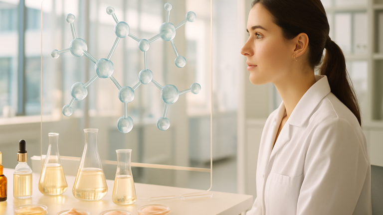 Inteligencia Artificial en L'Oréal: científica en un laboratorio cosmético con moléculas en 3D