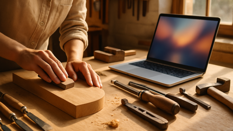La Inteligencia Artificial contra la mediocridad: manos de artesana puliendo madera junto a un portátil moderno, símbolo de excelencia y tecnología