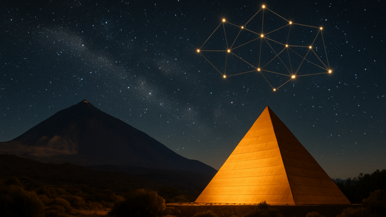 Inteligencia Artificial en Canarias: el Teide y la Pirámide de Arona bajo un cielo estrellado con una constelación en forma de red neuronal durante Starmus VIII