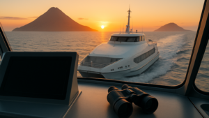 Inteligencia Artificial en Fred. Olsen: vista desde el puente de un ferry navegando entre islas al atardecer
