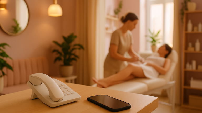 Inteligencia Artificial en Hello Sugar: recepción de un salón de belleza con el teléfono en primer plano
