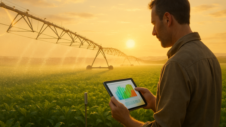 Inteligencia Artificial en iRiego: agricultor controla el riego de precisión con una tablet al amanecer
