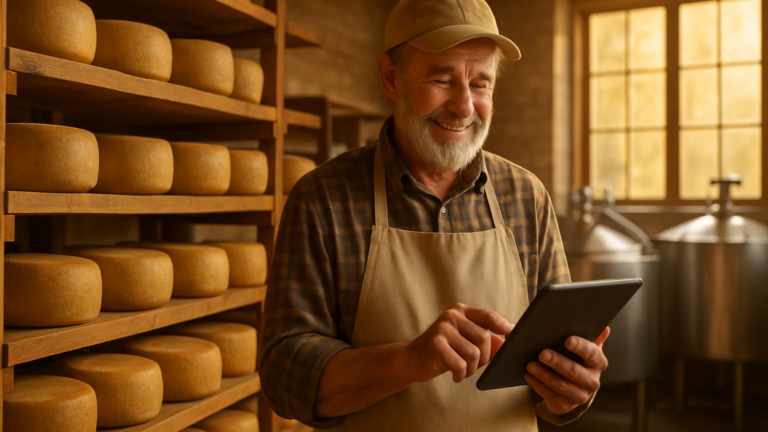 Inteligencia Artificial en Petaluma Creamery: quesero artesanal consultando una tableta junto a ruedas de queso